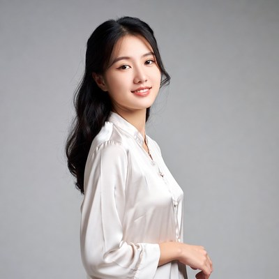 Asian woman in silk blouse smiling