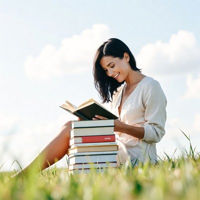 Woman reading books on grass