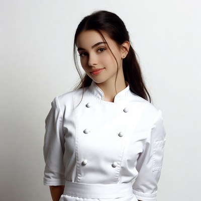 Young woman in white chef uniform