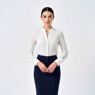 Woman in white blouse navy skirt