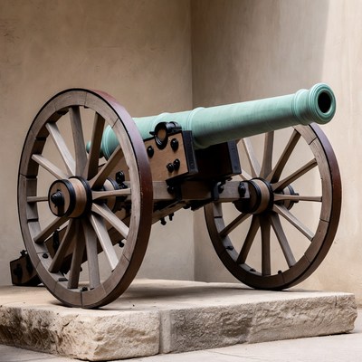 Green Wooden Cannon on Stone Base