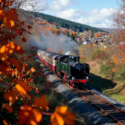 Steam train in autumn forest