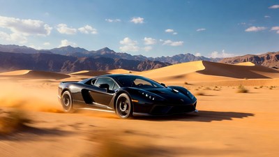 Black Supercar Speeding in Desert Dunes