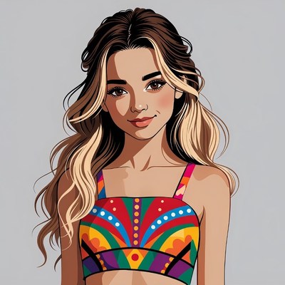 Woman in colorful patterned bikini top