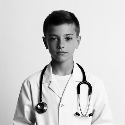 Boy in white lab coat with stethoscope
