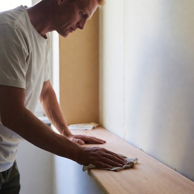 Man wiping wooden windowsill