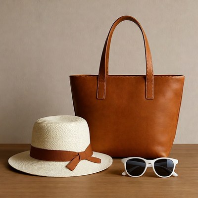 Straw Hat Brown Tote Bag Sunglasses