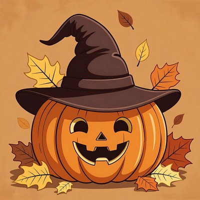 Jack-o'-lantern Witch Hat with Autumn Leaves