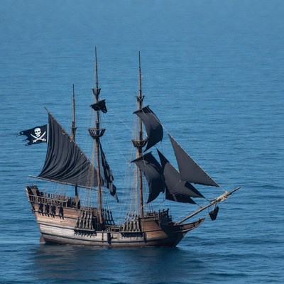 Pirate Ship Sailing on Ocean