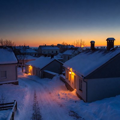 Snowy Village Street at Twilight