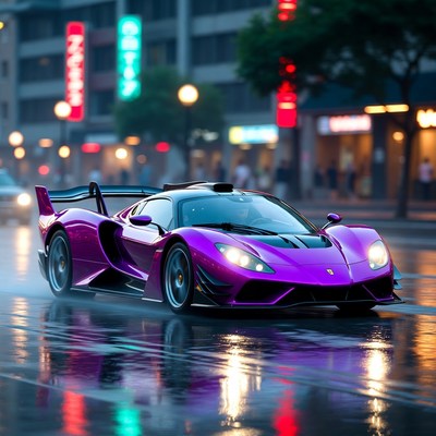 Purple Supercar Driving in Rainy Neon City