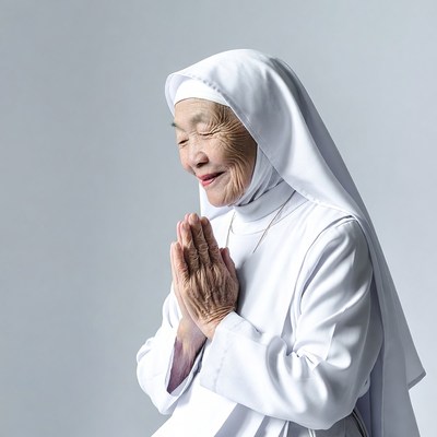 Elderly nun praying with hands clasped