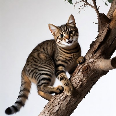 Tabby kitten climbing tree branch