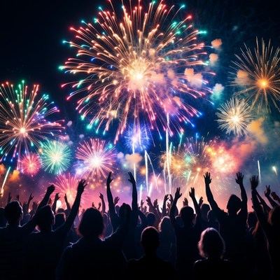 Crowd cheering at colorful fireworks