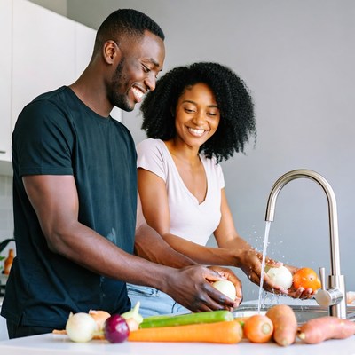 Black couple washing vegetables in kitchen