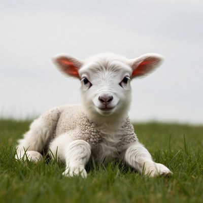 Cute baby lamb lying on grass