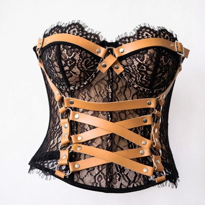 Black Lace Corset with Tan Leather Straps