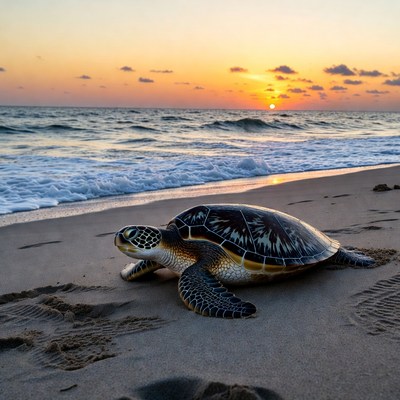 Sea Turtle on Beach at Sunset