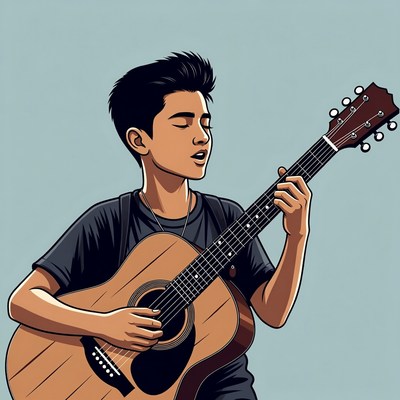 Asian boy playing acoustic guitar