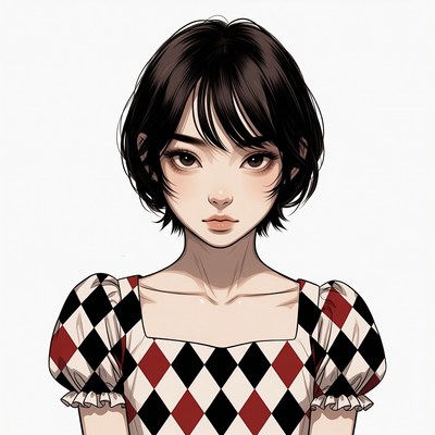 Asian girl in red black harlequin dress