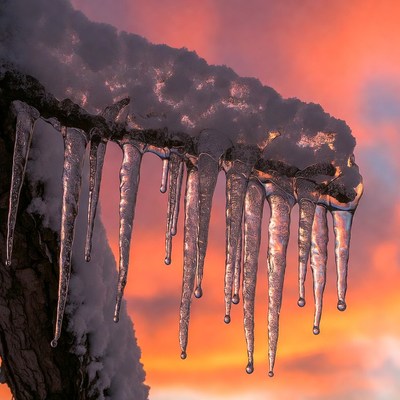 Icicles Hanging from Snowy Branch at Sunset