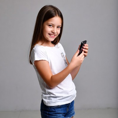 Girl smiling holding smartphone