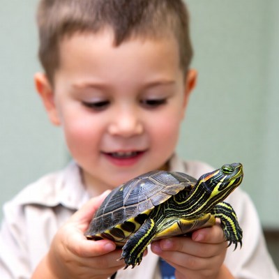 Boy holding red-eared slider turtle