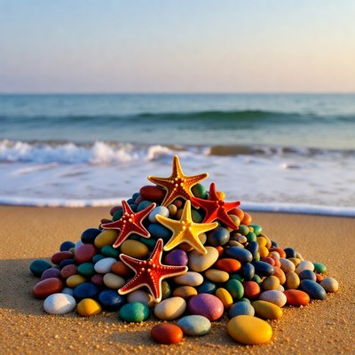 Colorful starfish and pebbles on beach