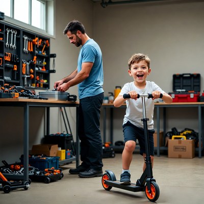 Father and son with scooter in garage