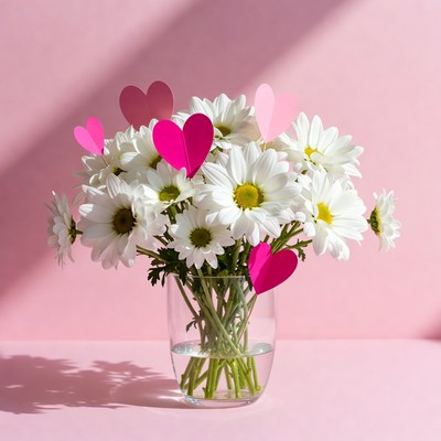 White Daisies Bouquet with Pink Hearts