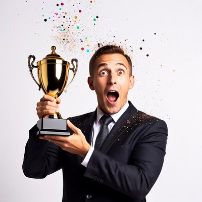 Excited man holding golden trophy