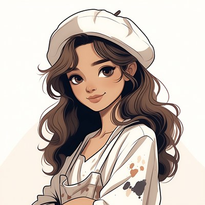 Woman in beret with paint-splattered smock