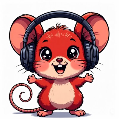 Cute red mouse wearing headphones