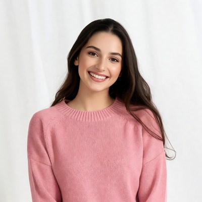 Smiling woman in pink sweater