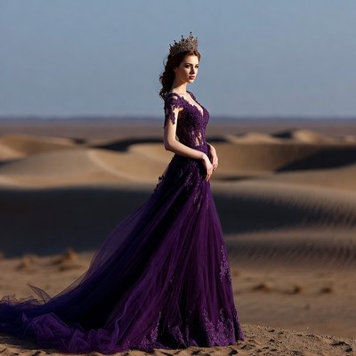 Woman in Purple Gown with Tiara in Desert