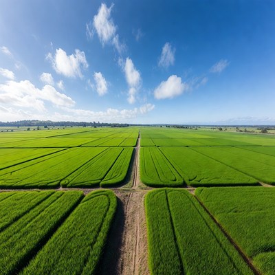 Aerial View of Green Rice Fields