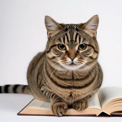 Tabby cat reading open book