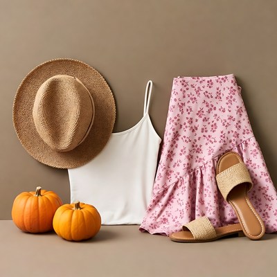 Straw Hat White Tank Pink Skirt Sandals Pumpkins