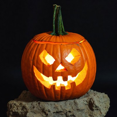 Lit Jack-o'-lantern on Rock