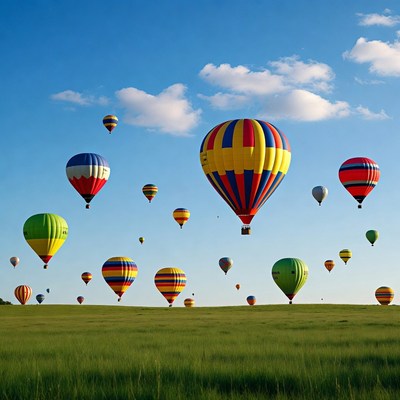 Colorful hot air balloons over green field