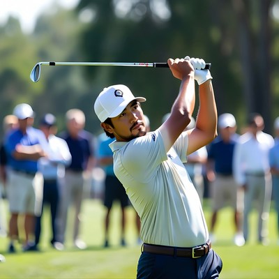 Asian man swinging golf club