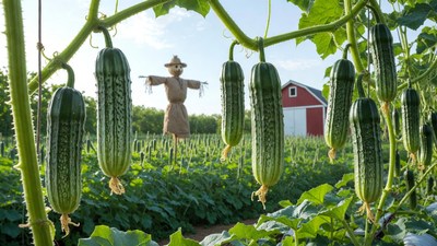 Scarecrow with Cucumbers and Red Barn