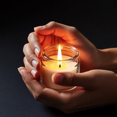 Hands holding lit candle