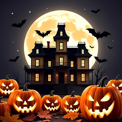 Haunted House with Jack-o-Lanterns