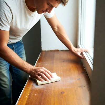 Man sanding windowsill near window