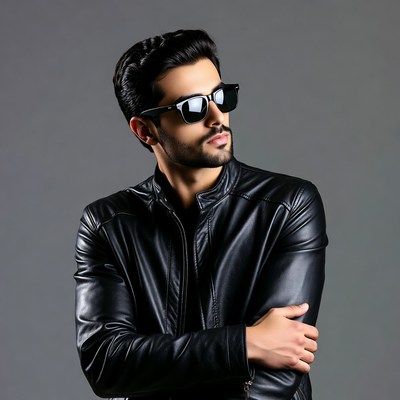 Man in black leather jacket and sunglasses