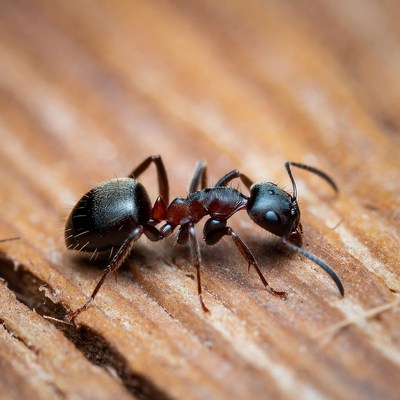 Black ant on wooden surface