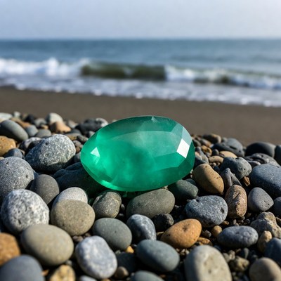 Emerald Gemstone on Beach Pebbles