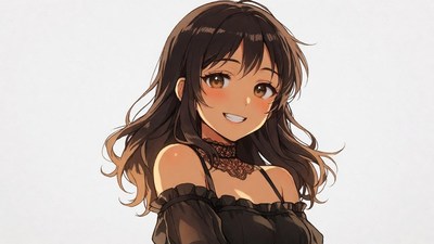 Anime girl smiling in black lace dress