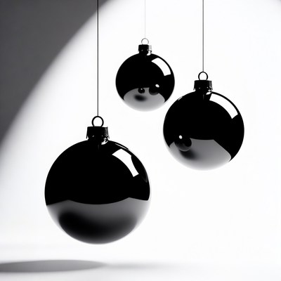 Three Black Shiny Christmas Ornaments Hanging
